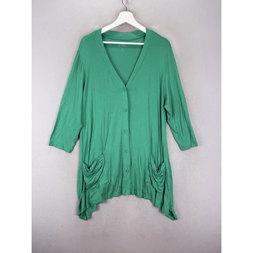 LOGO By Lori Goldstein Women's Sz 1X Draped Hem Ruched Pockets ButtonUp Cardigan